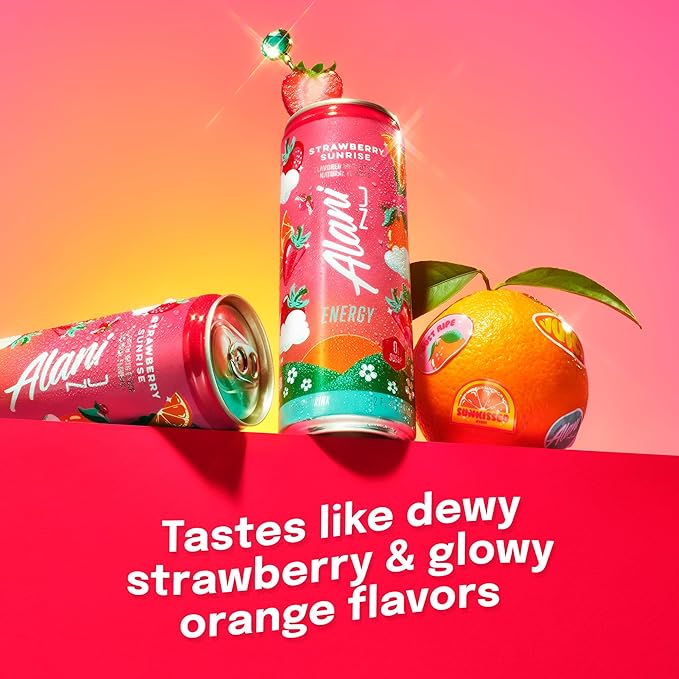 Alani Nu STRAWBERRY SUNRISE Sugar Free Low Calorie Energy Drinks 200mg Caffeine Biotin B Vitamins Zero Sugar 10 Calories 12 Fl Oz Cans 12 Pack