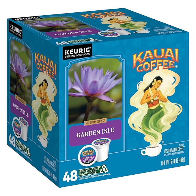 Kauai Coffee K-Cup Pods for Keurig Brewers – Arabica Coffee 10% Hawaiian – Medium Roast Bright Aroma With Light Floral Notes – Garden Isle 1 Pack of 48 Single Serve K-Cups