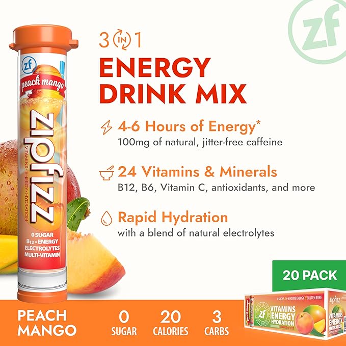 Zipfizz Daily Energy Drink Powder Peach Mango 20 Pack | 3-in-1 Sustained Energy Rapid Hydration and Essential Vitamins | Sugar-Free | Electrolyte Powder | Contains Vitamin B-12 &amp Antioxidants