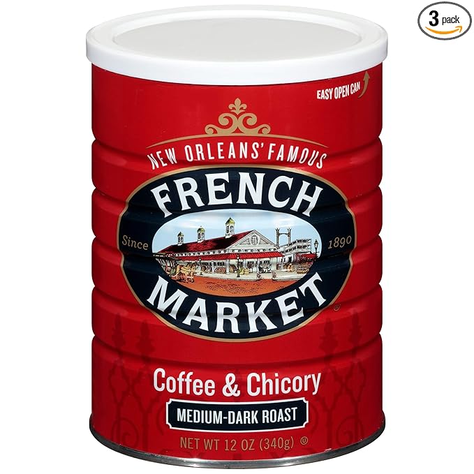 French Market Coffee Creole Medium-Dark Roast Ground Coffee &amp Chicory 12 oz. Canister (Pack of 3)