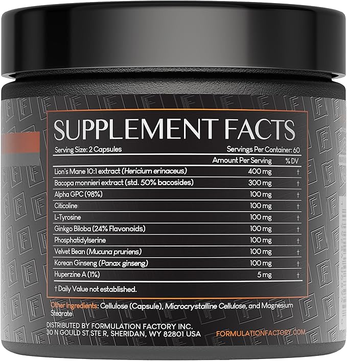Formulation Factory Nootropic Brain Supplement - Boss Mode Focus &amp Memory Complex with Lion's Mane Alpha GPC &amp Bacopa - Cognitive Support - 120 Capsules 2 Month Supply