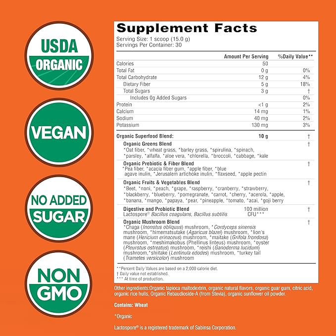 Country Farms Super Greens Pineapple-Mango Flavor 50 Organic Super Foods USDA Organic Drink Mix (Wheat Grass Spirulina Chlorella) Mushrooms &amp Probiotics with Fiber Natural Energy 30 Serving