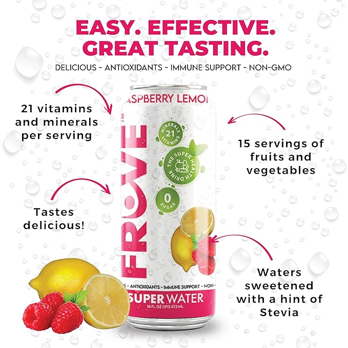 FrUve Super Water | Raspberry Lemon Flavor | 12 16oz Cans | Healthy Drink | Zero Sugar | Low Calorie Drink | Powerful Antioxidants | Boosts Immune System | NON-GMO | The Super Health Drink
