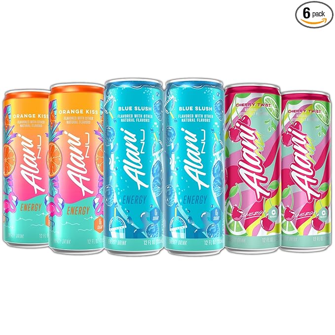 New Alani Energy Drinks Blue Slush Orange Kiss Cherry Twist New Flavors Variety Pack Sugar-Free Low-Calorie 200mg Caffeine Energy Boost Drinks 12 fl oz (Pack of 6)