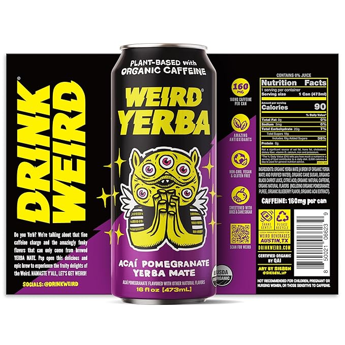 Drink Weird Organic Acai Pomegranate Yerba Mate – 16oz Cans 160mg Organic Caffeine Pack of 12 – Antioxidant-Rich Energy Drink Alternative