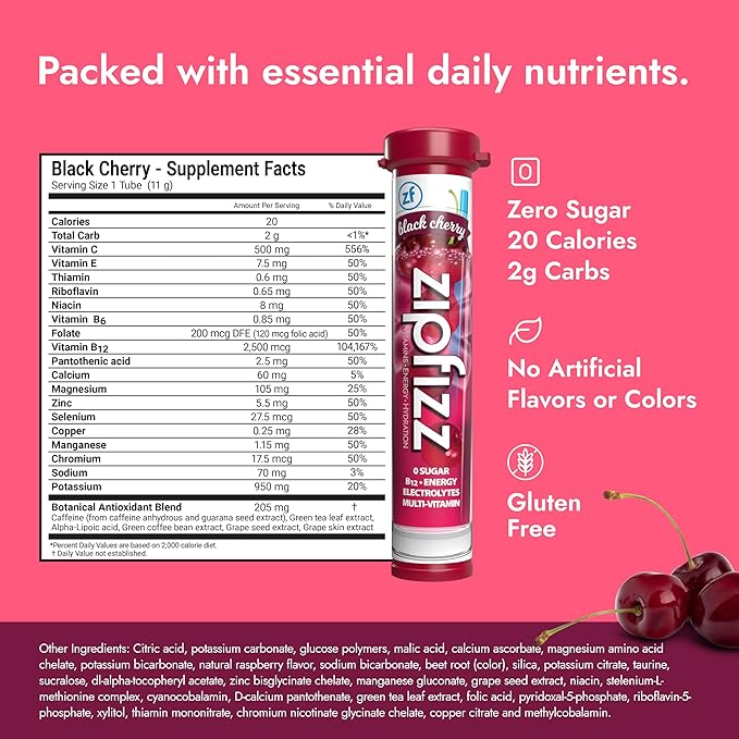 Zipfizz Daily Energy Drink Powder Black Cherry 20 Pack | 3-in-1 Sustained Energy Rapid Hydration and Essential Vitamins | Sugar-Free | Electrolyte Powder | Contains Vitamin B-12 &amp Antioxidants