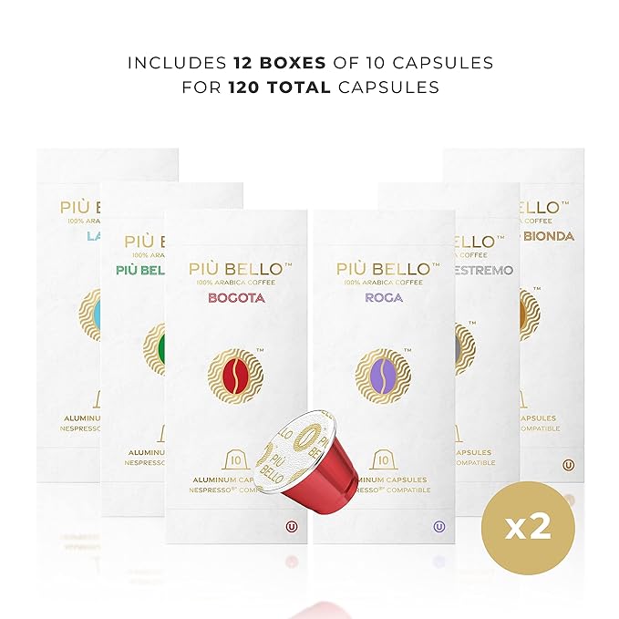 Piu Bello Espresso Coffee Pods – Variety Pack for Nespresso Original Machines – Light Roast Dark Roast Chocolate Nutty Caramel – Kosher Rich &amp Balanced (120 Count 6 Flavors)