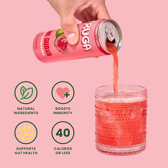 FRUGA Pink Guava Sparkling Fruit Super Soda Prebiotic Soda Low Calorie Healthy Soda Benefits and Vitamin Boost 12 Fl Oz (Pack of 12)