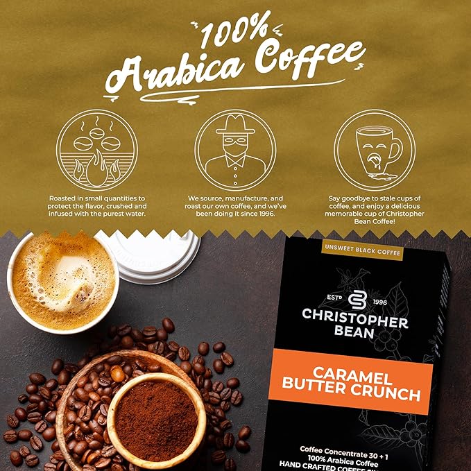 Christopher Bean Coffee - 396 servings 30 to 1 Blend Bag in Box Liquid Instant Coffee or Cold Brew Coffee Concentrate - Hot or Iced Coffee - Caramel Butter Crunch