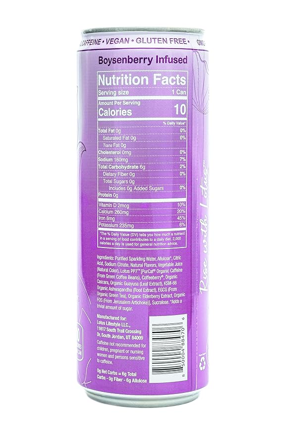 Purple Lotus Plant Power Drink™ | Sugar Free Low Calorie | 160 mg Natural Caffeine from Green Coffee Bean | Plant-Based Ingredients | Zero Sugar | 10 Calories | 12 oz Cans | 12 Count