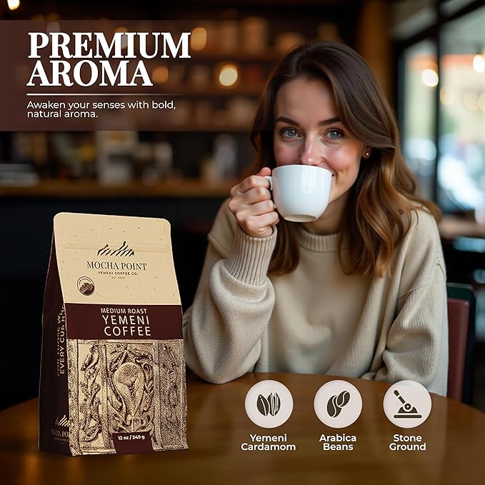 Mocha Point Medium Roast Yemeni Coffee – 100% Arabica Beans from Yemen – Rich Smooth and Balanced Flavor – Small-Batch Roasted for Freshness – No Additives – 12 oz / 340g Bag