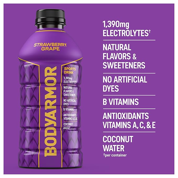 BODYARMOR Sports Drink Strawberry Grape Electrolyte Drink Hydration 28 Fl Oz Bottles (15 Pack) Flavored Coconut Water with B Vitamins &amp Antioxidants