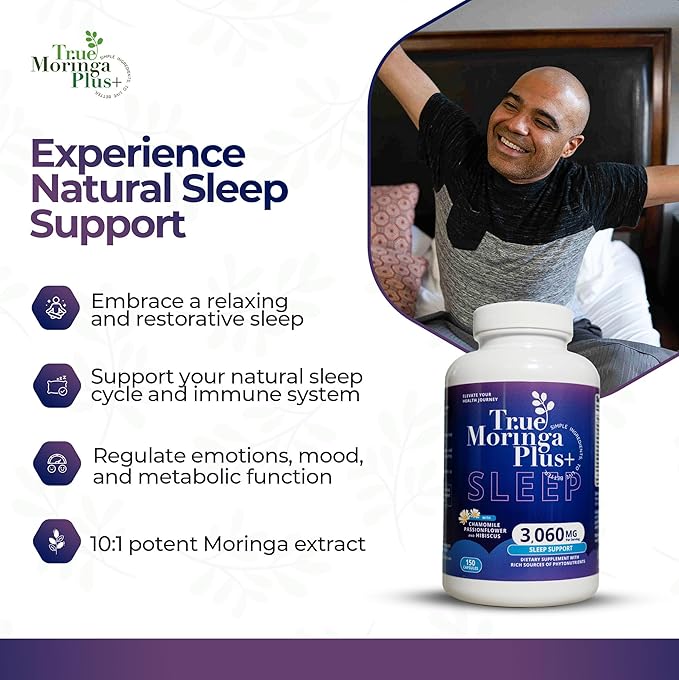 True Moringa Plus+ Sleep Support Supplement 10:1 Extract | 20000mg of Organic Moringa Chamomile Passion Flower Valerian Root Hibiscus for Relaxation | Natural Sleep Aid for Adults (150 Capsules)