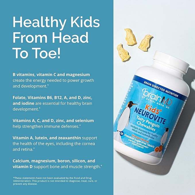 BRAINMD Dr Amen Kids’ NeuroVite Orange Flavor - 120 Penguin-Shaped Chewables - Multivitamin &amp Mineral Supplement - Promotes Healthy Development &amp Growth - Gluten Free - 60 Servings