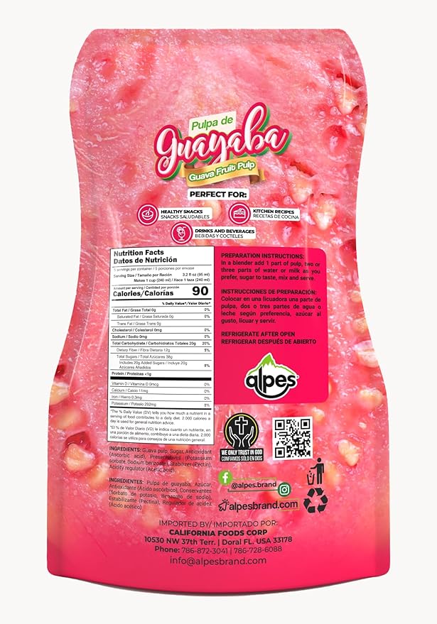 Alpes Premium Guava Pulp 100% Real Fruit Tropical Guayaba. Ideal for Cocktails Juices Smoothies Desserts Gourmet Sauces Ice creams &amp Snacks 1 Pack 16 fl oz.