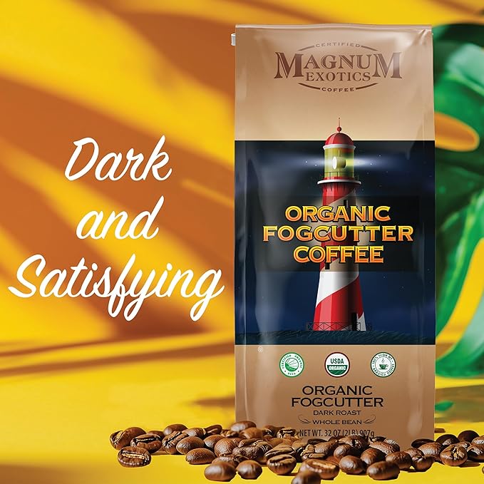Magnum Exotics Organic Fogcutter Whole Bean Coffee - Dark Roast Coffee Beans Caffeinated Roasted Bulk Brew Rich &amp Smooth Flavor Fresh Roast - 32 oz (2 lb) Bag