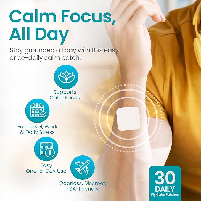 Fly Calm Patch (30-Day Supply) – Daily Patch with Lemon Balm L-Theanine &amp Ashwagandha for Mental Calm Focus &amp Travel Ease