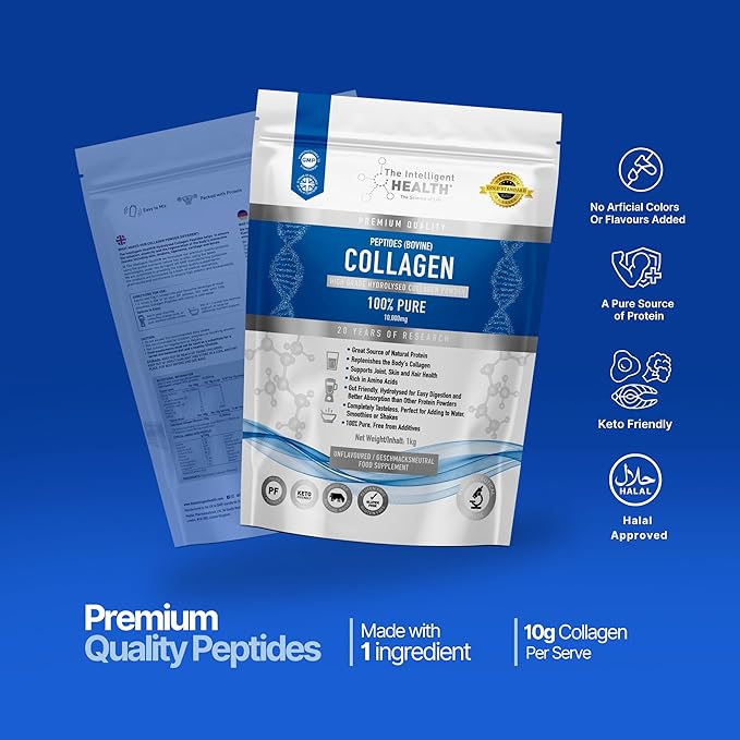 The Intelligent Health Hydrolyzed Collagen Peptides Powder Grass Fed High Protein Unflavored Gluten-Free Paleo &amp Keto Friendly 10g per Serving (1kg) Supports Skin Hair Nails Joints &amp