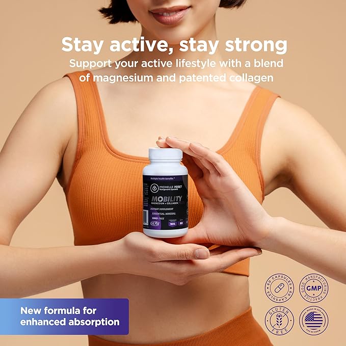 Mobility - Magnesium + Collagen Supplement with Hyaluronic Acid &amp Vitamin C | Supports Bones Joints &amp Muscles | Gluten-Free &amp Non-GMO | 60 Capsules for Men &amp Women