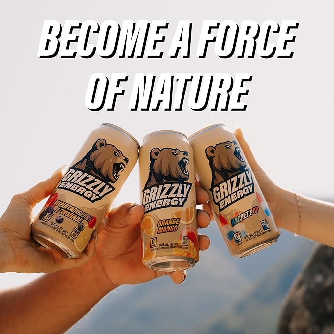 GRIZZLY Energy Drink Mountainberry Lemonade Taurine B Vitamins &amp 160mg Caffeine - Energy Focus &amp Hydration Boost - 10 Calories Zero Sugar - No Artificial Colors or Flavors - 16 fl oz (12 Pack
