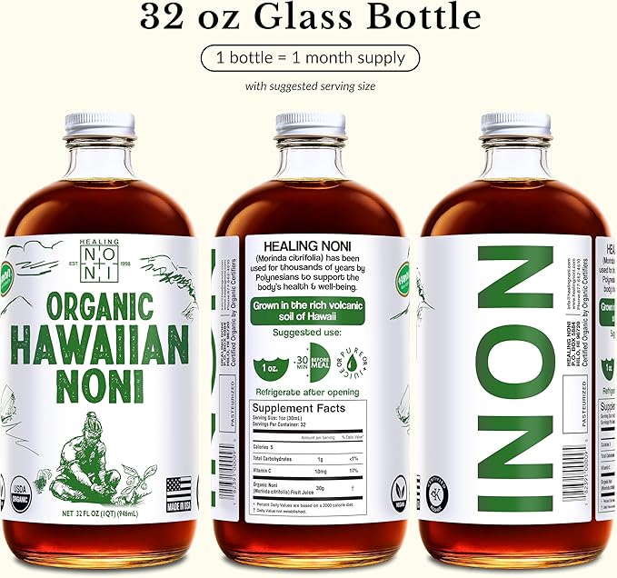 Healing Noni - 100% Pure Noni Juice - USDA Organic Full Strength Wellness Drink Hawaiian-Grown Superfood - (32oz 1 Pack)