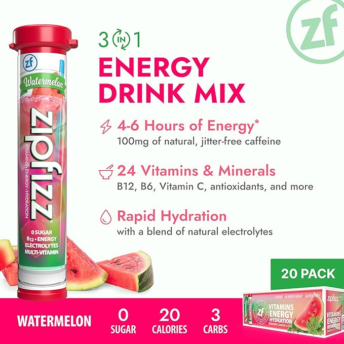 Zipfizz Daily Energy Drink Powder Watermelon 20 Pack | 3-in-1 Sustained Energy Rapid Hydration and Essential Vitamins | Sugar-Free | Electrolyte Powder | Contains Vitamin B-12 &amp Antioxidants