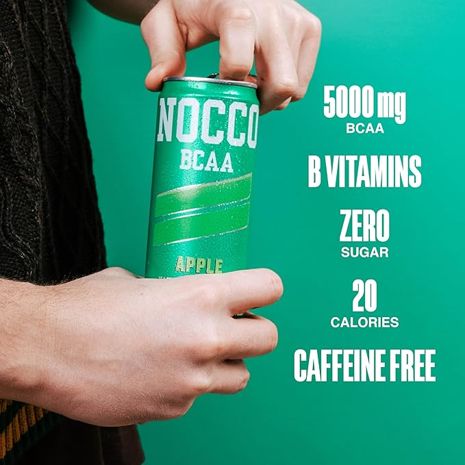NOCCO Zero Sugar BCAA Drink Apple - 12 Fl Oz (Pack of 12) - 0mg Caffeine Sugar Free with Branched Chain Amino Acids Carbonated &amp Low Calorie B Vitamins Grab &amp Go Performance Beverage