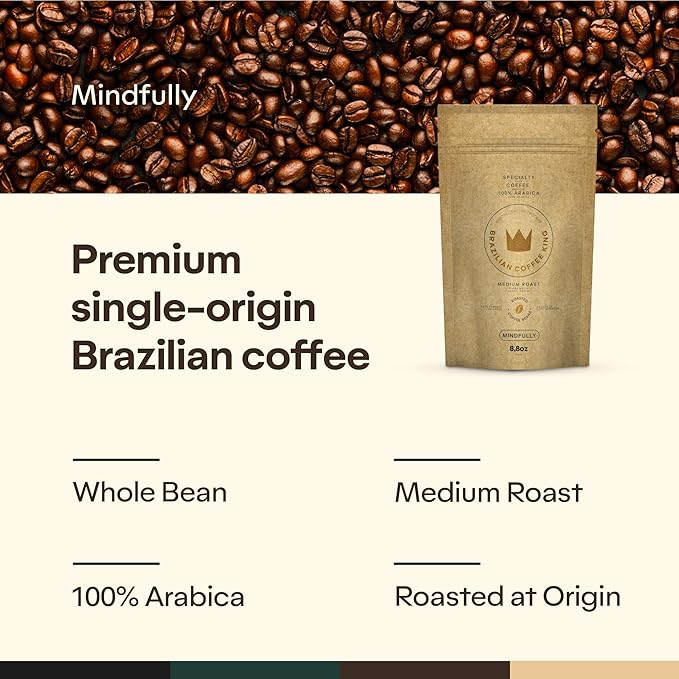 4-Pack Specialty Whole Bean Coffee Mindfully – Arabica Roasted in Brazil – Smooth Centering Flavor with Notes of Chocolate Caramel Vanilla and Nuts – Carefully Harvested – Brazilian Coffee King