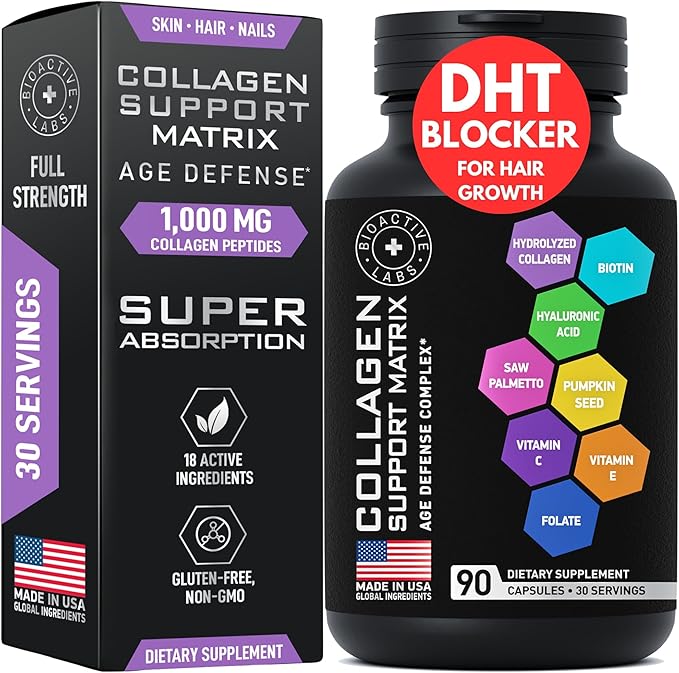 Age Defense Beauty Collagen Matrix - 2000mg Multi Collagen Biotin Keratin Hyaluronic Acid Saw Palmetto Supplement Complex - DHT Blocker for Men &amp Women for Hair Growth - 2-PACK 180 Gluten-Free C