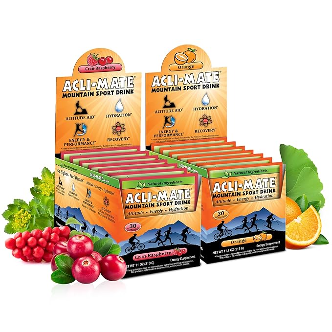 Acli-Mate Mountain Sport Drink Mix Variety Pack – High Altitude Acclimatization Electrolyte Powder Packets – CranRaspberry &amp Orange Flavors for Energy Hydration and Recovery (60 Total Packets)