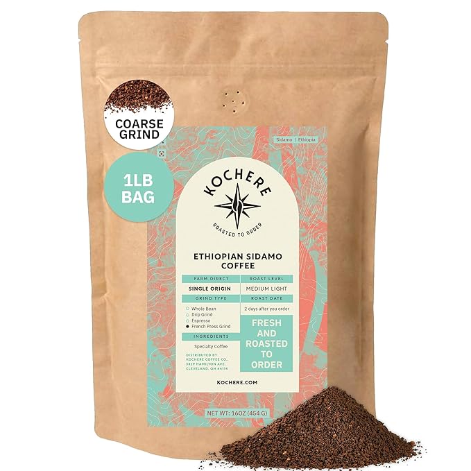 Ethiopian Sidama Coffee – 1LB Single Origin Medium-Light Roast Freshly Roasted Coarse French Press Grind Specialty Grade Non-GMO