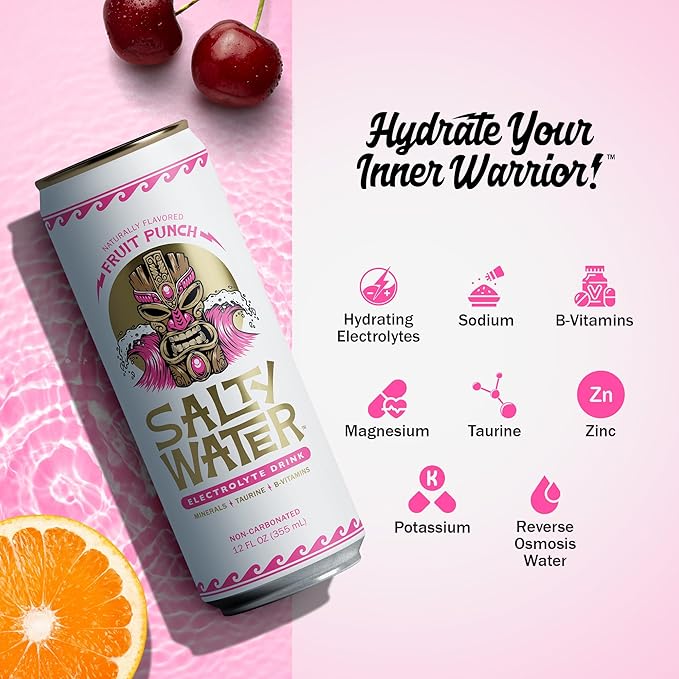 SaltyWater Electrolyte Drink Fruit Punch – Zero Sugar Premium Hydration Drink 10 Calories Minerals Taurine B-Vitamins Non-Carbonated - Zero Caffeine Electrolyte Sports Drink - Gluten Free - 12 P