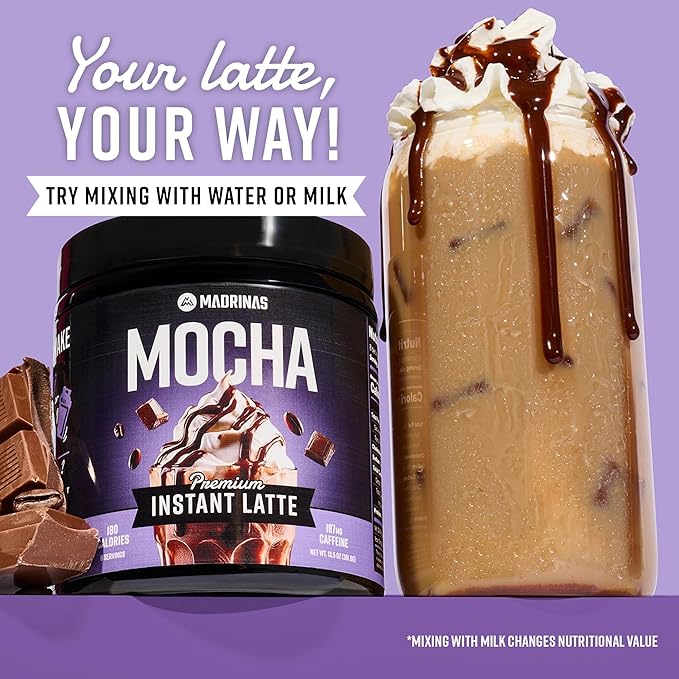 Premium All-Natural Chocolate Mocha Flavored Instant Coffee Cold Brew Latte Mix - 8 Servings - High Caffeine Rich &amp Flavorful Gluten-Free Convenient | MADRINAS