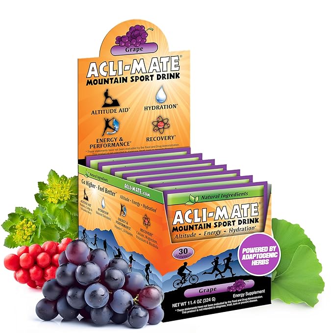 Acli-Mate Mountain Sport Drink Mix - High Altitude Acclimatization Electrolyte Powder Packets - Energy Drink Mix - Recovery Hydration Packets for Running Hiking Cycling Travel &amp More (30 CT Gr
