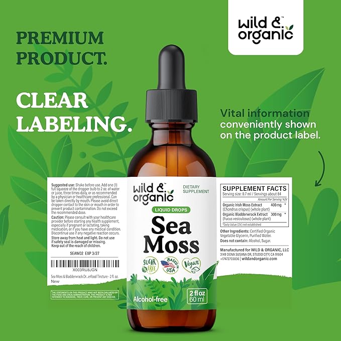Wild &amp Organic Sea Moss Liquid Drops - Immune Support - Irish Sea Moss and Bladderwrack Tincture - Multimineral Chondrus Crispus Supplement - Vegan Sugar &amp Alcohol-Free - 2 fl oz