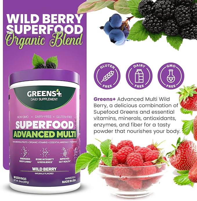 Greens+ Advanced Multi Wild Berry Superfood Powder Organic Blend Vegan Non-GMO Soy-Free Dairy-Free Gluten-Free Dietary Supplement with Vitamins &amp Minerals 9.4 oz