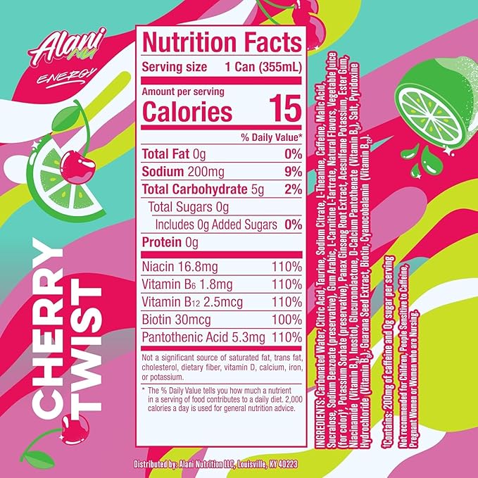 New Alani Energy Drinks CHERRY TWIST Flavor Sugar-Free Low-Calorie Energy Boost Drink 12 fl oz (Pack of 6) (Packaging May Vary)