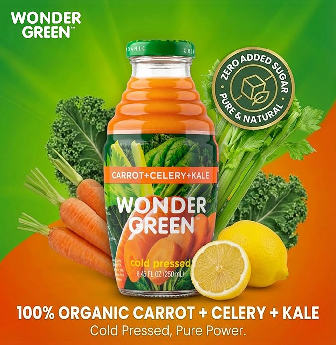 Wonder Green 100% Organic Carrot Celery &amp Kale Cold Pressed Juice 8.45 oz (6 Pack) | Vegetable Juice Blend All Natural No Additives or Preservatives Not from Concentrate