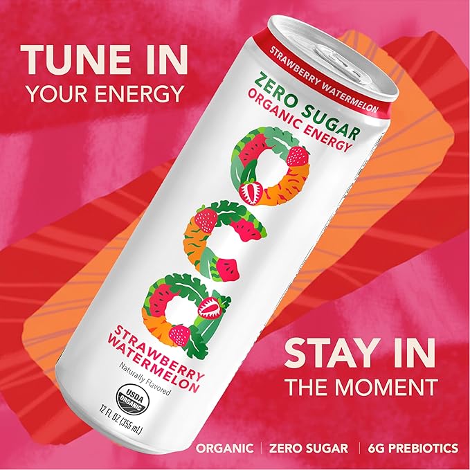 OCA ZERO Strawberry Watermelon Organic energy drink zero sugar gluten-free vegan plant-based 12 Fl Oz (12-pack)