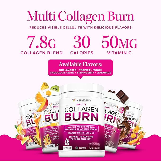 Vitauthority Multi Collagen Burn Energy: Hydrolyzed Protein Peptides with Hyaluronic Acid and Creatine Monohydrate Powder for Women Micronized Creatine Monohydrate with goBHB &amp CognatiQ