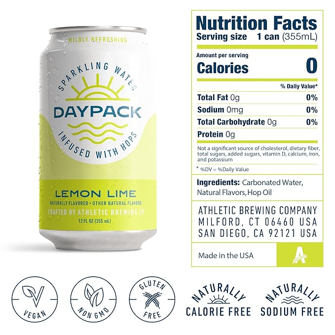 Athletic Brewing Company Daypack Sparkling Water Infused With Hops Gluten Free &amp Vegan Soda Water Zero Calorie Natural Flavors Lemon Lime 24 Pack 12 FL Oz Cans