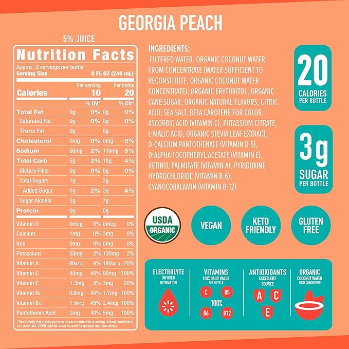 ROAR Complete Hydration Organic - Electrolyte Drinks Loaded with Vitamins C B5 B12 - Non-GMO Gluten-Free - Georgia Peach - 12 pc
