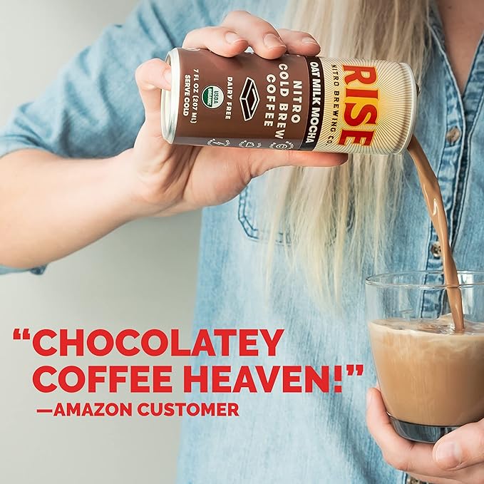 RISE Brewing Co. | Oat Milk Mocha Nitro Cold Brew Latte (4 7 fl. oz. Cans) - USDA Organic Non-GMO | Vegan &amp Dairy Free | Draft Nitrogen Pour Clean Energy Low Acidity &amp Refreshingly Smooth