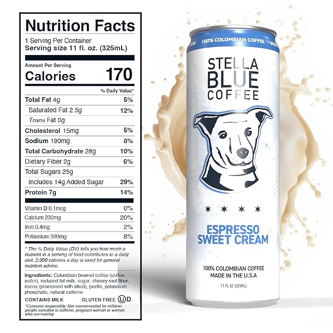 Stella Blue Espresso Sweet Cream Latte Cans Ready-to-Drink Coffee Energy Beverage 100% Colombian Coffee 190mg Natural Caffeine Gluten Free &amp Good Source of Protein 11oz Can 12 Pack