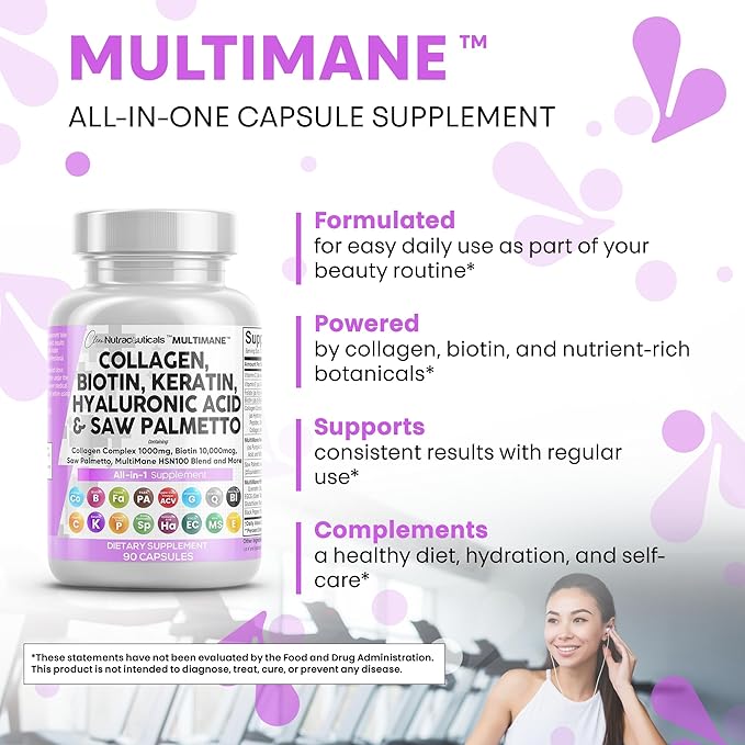 Clean Nutraceuticals Collagen Pills 1000mg Biotin 10000mcg Keratin Saw Palmetto Hyaluronic Acid - Hair Skin &amp Nails Vitamins &amp DHT Blocker (90 Count (Pack of 2))