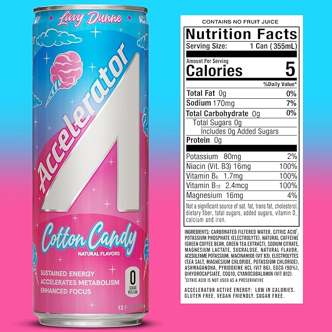 Accelerator Energy Drink Cotton Candy 12oz can Zero Sugar Sustained Energy from 100% Natural Caffeine (200mg from Green Coffee Bean &amp Green Tea extract) (Pack of 24)