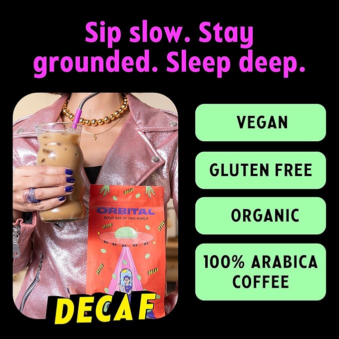 Orbital Cozy Space Decaf Coffee – Medium Roast Whole Bean Swiss Water Process Single Origin Guatemala – Smooth Non-Bitter Low Acid Clean &amp Chemical-Free Decaf for Evening Relaxation 12oz