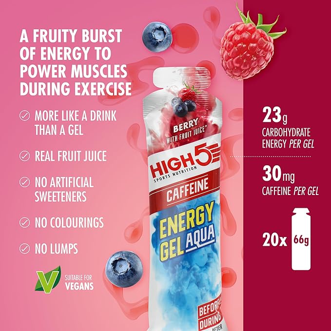 HIGH5 Aqua Caffeine Carbohydrate Gels - Running Supplements for Fast Energy - Natural Fruit Juice - Muscle Gel Endurance Fuel for Cycle Nutrition &amp Energy Gels for Hiking (Berry 20 x 66g)