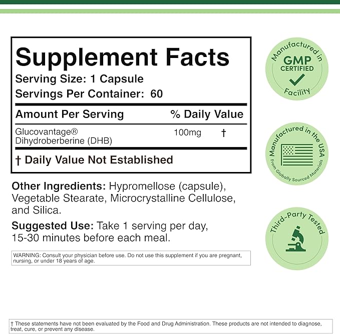 Dihydroberberine Supplement 100mg 60 Capsules (Patented GlucoVantage Super Berberine May be 5X More Effective Than Berberine with Less Side Effects) Third Party Tested Vegan Safe by Double Wood