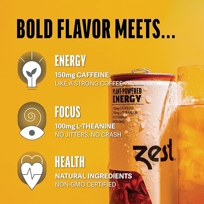 Zest Clean Energy Drink – Sweet Chai Infusion – 150mg Caffeine + 100mg L-Theanine – Natural Focus &amp Concentration Boost – Healthy Energy Drink 12oz Can 12 Pack – Low Sugar No Artificial Sweetener
